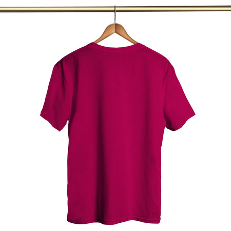 Add your amazing designs or logo to this Back View Classical T Shirt on Hanger Mockup In Mystic Magenta Color On Hanger and everything will be done.の写真素材