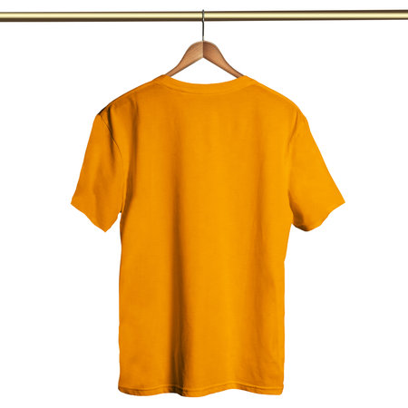 Add your amazing designs or logo to this Back View Classical T Shirt on Hanger Mockup In Flame Orange Color On Hanger and everything will be done.の写真素材