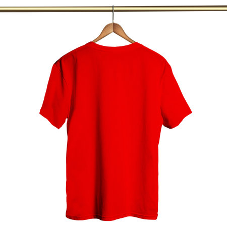 Add your amazing designs or logo to this Back View Classical T Shirt on Hanger Mockup In Empire Red Color On Hanger and everything will be done.の写真素材