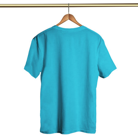 Add your amazing designs or logo to this Back View Classical T Shirt on Hanger Mockup In Silverpine Cyan Color On Hanger and everything will be done.の写真素材