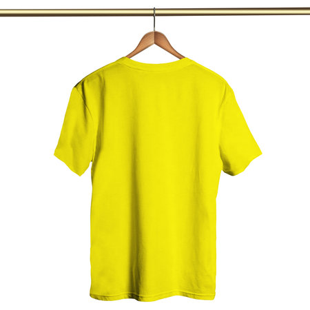Add your amazing designs or logo to this Back View Classical T Shirt on Hanger Mockup In Pure Sunshine Color On Hanger and everything will be done.の写真素材
