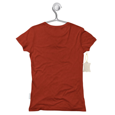 By using this Back View Modern Wome T Shirt Mockup In Russet Brown Color On Hanger, give your artwork a boost.の写真素材