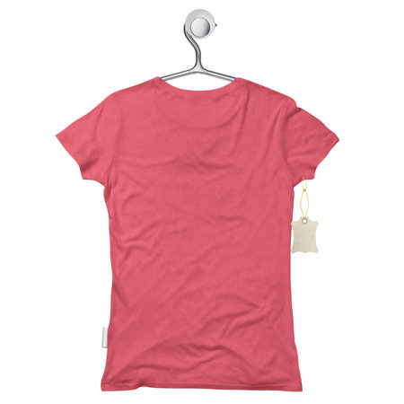 By using this Back View Modern Wome T Shirt Mockup In Geranium Pink Color On Hanger, give your artwork a boost.の写真素材