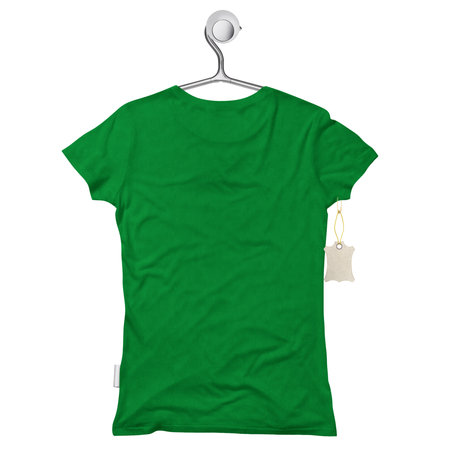 By using this Back View Modern Wome T Shirt Mockup In Simply Green Color On Hanger, give your artwork a boost.の写真素材
