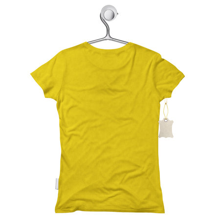 By using this Back View Modern Wome T Shirt Mockup In Golden Kiwi Color On Hanger, give your artwork a boost.の写真素材