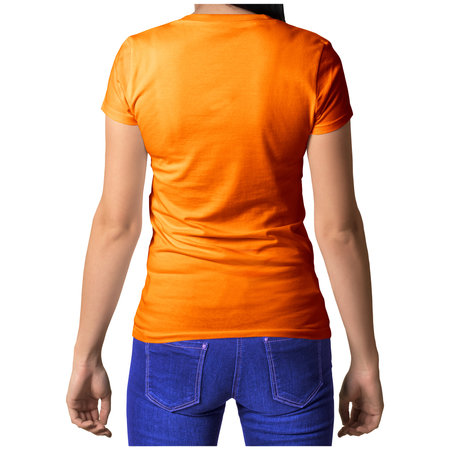 With simple multiple clicks, you can visualize your designs on this Back View Stylish Crew Neck T Shirt Mockup In Orange Tiger Color.の写真素材