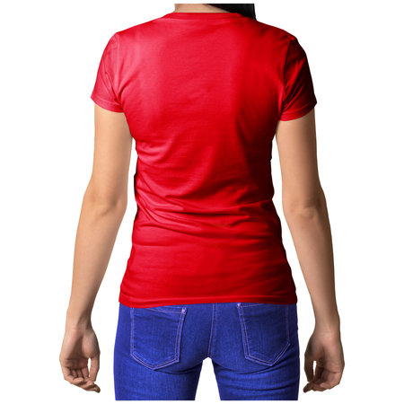 With simple multiple clicks, you can visualize your designs on this Back View Stylish Crew Neck T Shirt Mockup In True Red Color.の写真素材