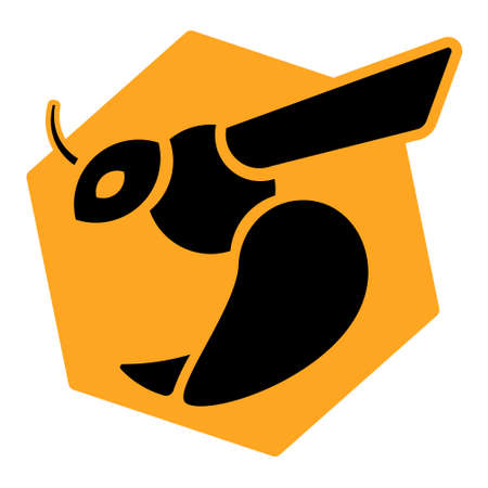 Illustration of a bee in front of a polygon-shaped hive. Simple design logo.のイラスト素材