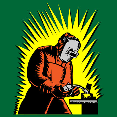 welder working with welding helmet in badge design style with green backgroundのイラスト素材