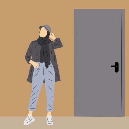 vector model of trendy hijab fashion with door backgroundのイラスト素材
