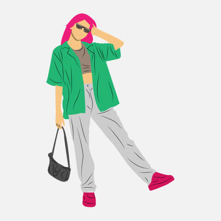 Street wear fashion model girl. Flat vector illustration isolated on white background.のイラスト素材