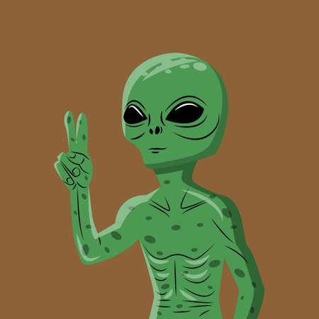 Green Alien hand drawn vector illustration. Martian showing peace sign closeup. Extraterrestrial invasion concept.のイラスト素材