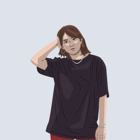 Vector portrait of a beautiful girl with style wearing a black t-shirtのイラスト素材
