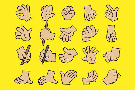 Hands pose. Hand holding and pointing gesture, fingers crossed, fist, peace and thumbs up. Cartoon human palms and wrist vector set. Communication or talk with emoji for messengerのイラスト素材
