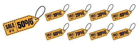 Sale up to tags set vector badges template, 10 off, 20 %, 90, 80, 30, 40, 50, 60, 70 percent sale...