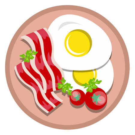 a serving of breakfast consisting of fried eggs, sliced ââmeat, tomatoes and celery leavesのイラスト素材