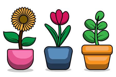 sunflowers, tulips and leaf plants in pots with cute vector designのイラスト素材