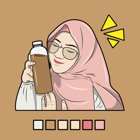Vector illustration of a Muslim woman holding a chocolate drink bottle, complete with a color palette.のイラスト素材