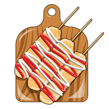 vector illustration of three corn dog skewers on a wooden cutting board, complete with sauce and mayonnaiseのイラスト素材