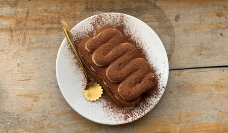 Chocolate Tiramisu served on a wooden table. Desert food.