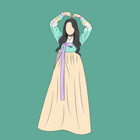vector illustration of a beautiful woman wearing traditional Korean clothes, with the symbol of love or Saranghaeのイラスト素材