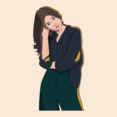 vector cartoon woman in relaxed style with long hairのイラスト素材