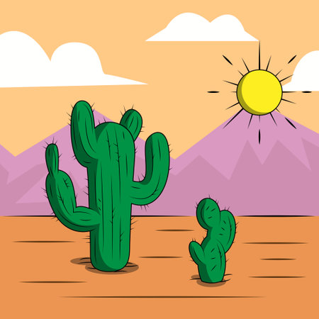 vector background of cactus, sun and mountain in desertのイラスト素材