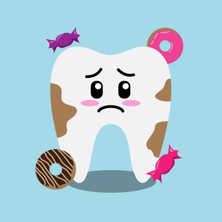 Tooth Decay Vector Illustration for Children Dental Clinic Poster Template Design. Cracked or Broken Teeth Illustration. Dental Plague Characterのイラスト素材