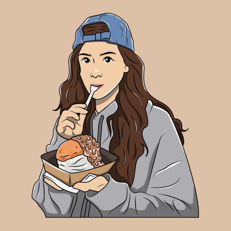 vector of beautiful woman in hat eating ice cream cakeのイラスト素材