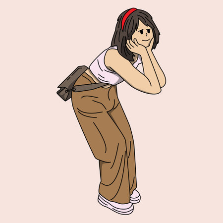 vector illustration of a girl with a fascinated expression with both hands supporting her faceのイラスト素材