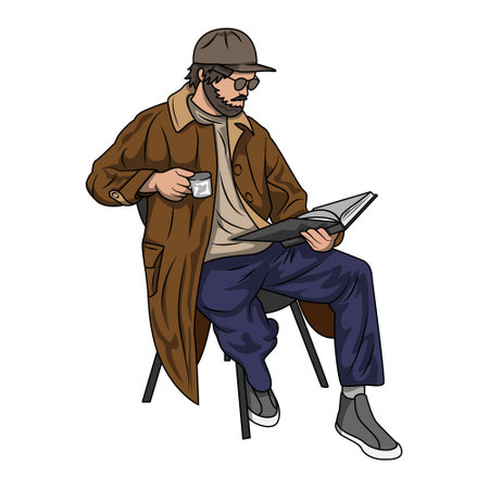 vector of a bearded man sitting while reading a book and holding a cup of coffeeのイラスト素材