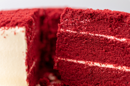 Red velvet cake beautiful texture with white cream line, close up shot.の写真素材