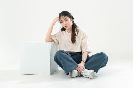 Portrait isolated cutout studio shot of Asian young cute female teenage fashion model with pigtails braids hairstyle in casual trendy wear sitting on floor posing look at camera on white background.の写真素材