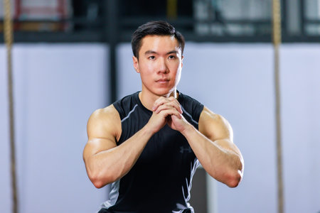 Millennial Asian strong young fit male muscular fitness athlete model in sleeveless shirt and sporty...