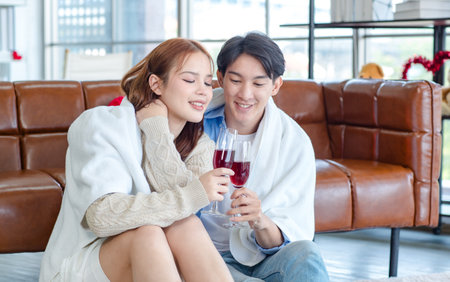 Asian young handsome male boyfriend sitting smiling cuddling together with beautiful female girlfriend holding tall wine glass cheers toasting in romantic decor living room celebrating valentine day.の写真素材