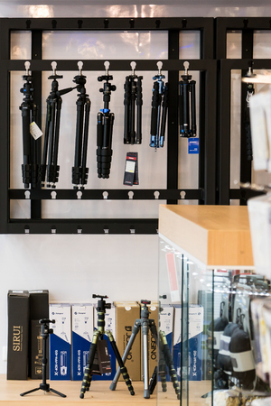 Central Department Store, Bangkok, Thailand - May 25, 2017: inside Camera Store with camera tripods and camera accessories.のeditorial素材