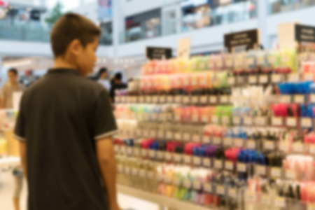 blurry background of Boy choose to buy the pen in the stationery store.の写真素材