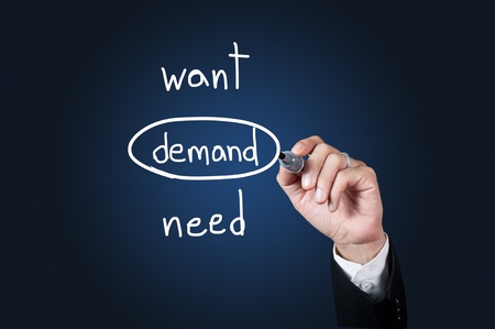 Hand with pen choose demand as a choice on whiteboardの写真素材