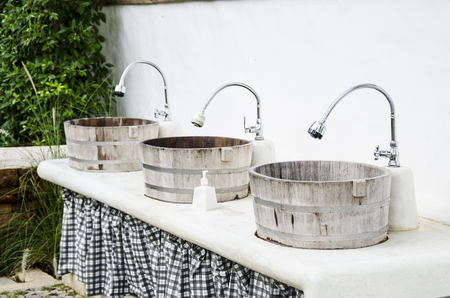 Wood bucket sink basinの写真素材