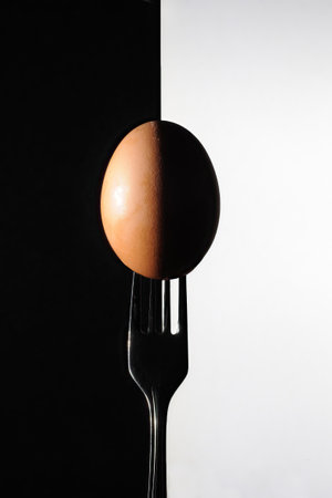 a chicken egg pierced by a fork with light forms like an eclipseの写真素材