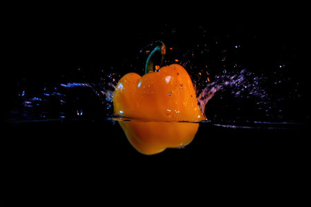 bell peppers on a dark background are dropped into the water causing a splashの写真素材