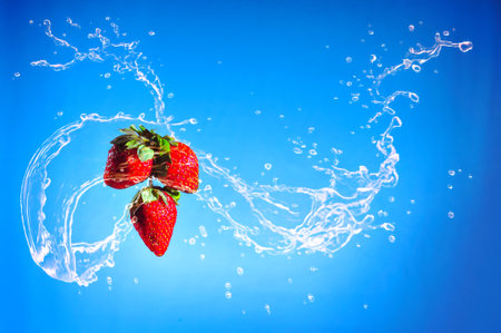 strawberry fruit splashed with water, splashing on a blue backgroundの写真素材