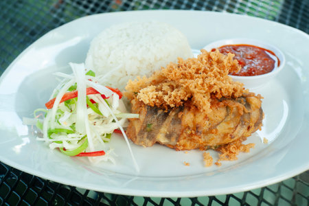Crispy Fish Rice is made from fish fried in flour served with vegetables and chili sauceの写真素材