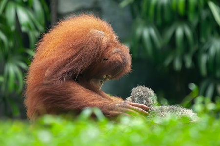 a Orang Utan or Pongo pygmaeus was sitting while taking care of a puppyの写真素材