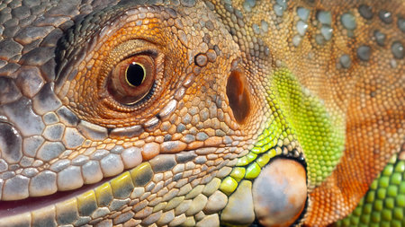 a close up look of colorful iguana. detail closerの写真素材