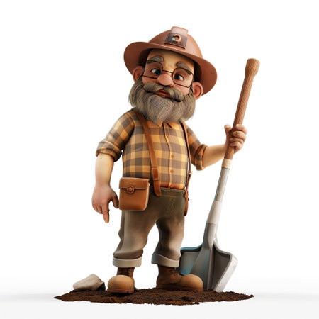 Illustration portrait of Grave digger look like an old man with hat and carrying shovel in the 3d style cartoon.の素材