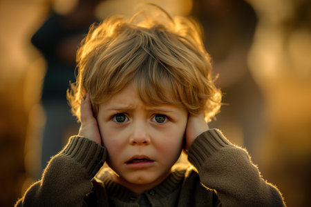 a child is afraid and sad while covering his ears because his parents are fightingの素材