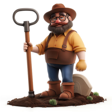 Illustration portrait of Grave digger look like an old man with hat and carrying shovel in the 3d style cartoon.の素材