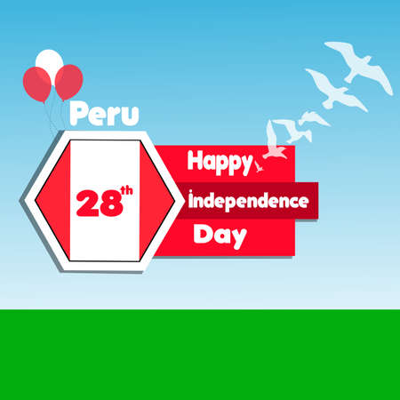 28 July. Peru Happy Independence Day.Celebration Background With Flags, Birds, field and Text. Vector Illustration. Greeting Cardのイラスト素材