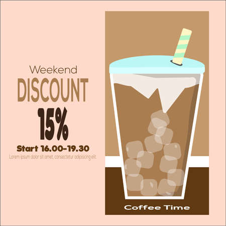 Illustration of Weekend Discount Coffee Time Vector Poster. Bright Sale Flyer Template with Travel Icons.のイラスト素材
